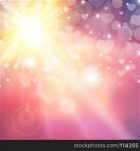 Happy valentines day shiny sunlight heart bokeh with lens flares on pink background. Vector illustration. Copy space