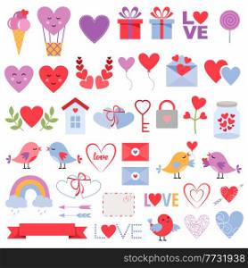 Happy Valentines Day symbols and icons. Hearts. Vector illustration