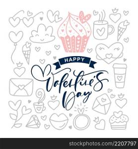 Happy Valentines day text with vintage doodle vector elements. Hand drawn love poster heart, diamond, envelope, cake, cup. Romantic illustration quote greeting card banner template.. Happy Valentines day text with vintage doodle vector elements. Hand drawn love poster heart, diamond, envelope, cake, cup. Romantic illustration quote greeting card banner template