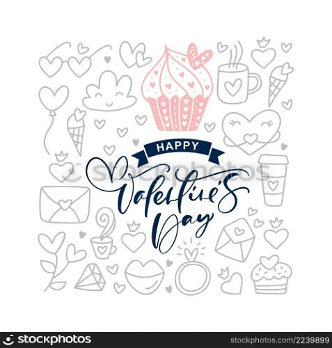 Happy Valentines day text with vintage doodle vector elements. Hand drawn love poster heart, diamond, envelope, cake, cup. Romantic illustration quote greeting card banner template.. Happy Valentines day text with vintage doodle vector elements. Hand drawn love poster heart, diamond, envelope, cake, cup. Romantic illustration quote greeting card banner template