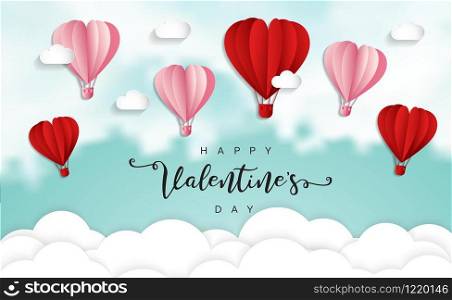 Happy valentines day typography vector design with paper cut red heart shape hot air balloons flying