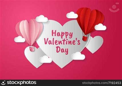 Happy valentines day typography vector design with paper cut red heart shape hot air balloons flying
