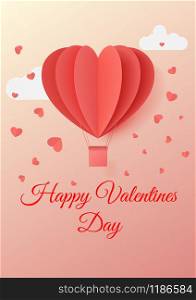 Happy valentines day typography vector illustration design with paper cut red heart shape origami made hot air balloons flying in sky background. Paper art and digital craft style