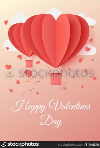 Happy valentines day typography vector illustration design with two paper cut red heart shape origami made hot air balloons flying in sky background. Paper art and digital craft style
