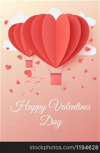 Happy valentines day typography vector illustration design with two paper cut red heart shape origami made hot air balloons flying in sky background. Paper art and digital craft style