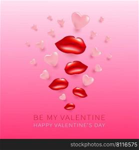 Happy Valentines day vector background, poster, banner or card. Be my valentine  greeting card lips and hearts. 14 February concept design
