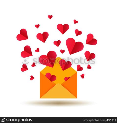 Happy Valentines Day vector card with open envelope and red hearts. Envelope with red heart, valentine romantic mail illustration. Happy Valentines Day vector card with open envelope and red hearts