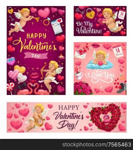 Happy Valentines day vector greeting card. Pink hearts and cupid with arrows, rose flowers wreath, angel with golden harp and pink flamingo with love lock and key. Valentines day love hearts, cupids and flowers