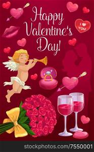 Happy Valentines Day vector greeting card with loving couple and hearts. Cupid with love arrows, rose flowers bouquet and wedding ring, wine glasses, kiss lips and Amur angel playing pipe. Cupid, loving couple and hearts. Valentines Day