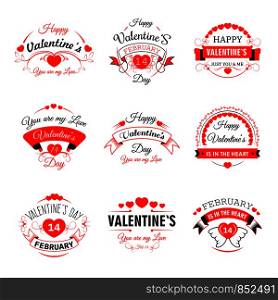 Happy Valentines Day vector heart valentines icons for greeting card design template. 14 February Valentine love day holiday red hearts with wings for confession wish on ribbons set. Happy Valentine Day vector heart valentines icons for greeting card design template