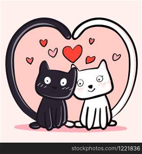 Happy Valentines Day with couple cats black and white colors, Valentines card and poster