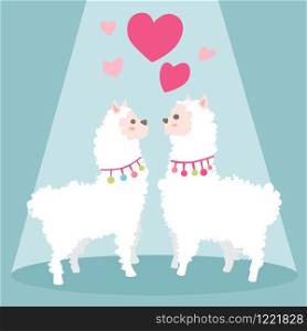 Happy Valentines Day with couple llama in love, Valentines card and poster