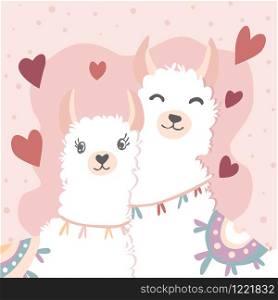 Happy Valentines Day with couple llama in love, Valentines card and poster
