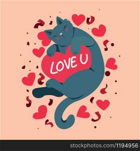 Happy Valentines Day with cute cat and love you, Valentines Day background and happiness cat, Valentine card and poster