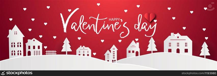 Happy Valentines day with home sweet home town village and snowy background. Red abstract paranoma wallpaper. Digital craft city paper art landscape concept style. Greeting card graphic design vector