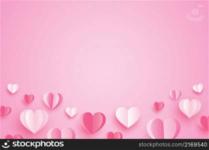 Happy valentines day with paper hearts and copy space on pink background.