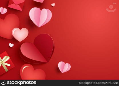 Happy valentines day with paper hearts and copy space on red background.