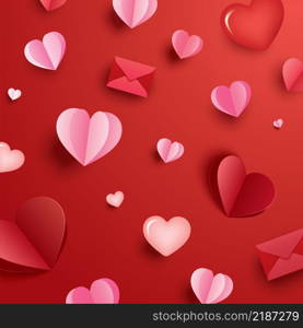 Happy valentines day with paper hearts and copy space on red background.