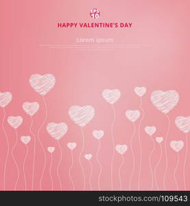 Happy valentines day with White hand drawn hearts on pink background. Copy space. Vector illustration