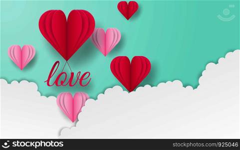 Happy Valentines . Design with love text and hearts flying on green pastel background. paper art style . vector.