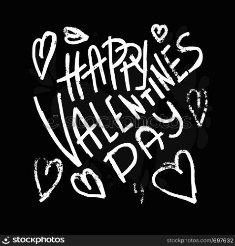 Happy Vallentines Day handwritten quote with decoration. Holiday greeting card concept. Hand lettering with heart shapes. Vector illustration.