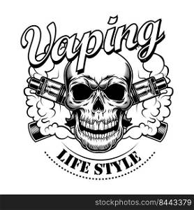 Happy vaping skull vector illustration. Monochrome cartoon character with e-cigarettes and vapor, lifestyle text. Retail concept for vape bar or store label, poster or emblem template
