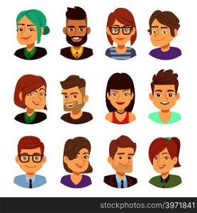 Happy vector characters. Young man and woman smiling faces avatar collection. Portrait of young people avatar illustration. Happy vector characters. Young man and woman smiling faces avatar collection
