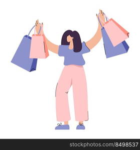 Happy vector girl with shopping bags. Woman in fashion store. Glamour lifestyle people. Isolated flat illustration.. Happy vector girl with shopping bags. Woman in fashion store. Glamour lifestyle people. Isolated flat illustration