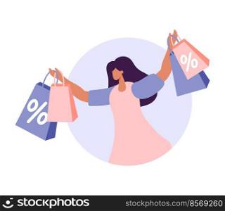 Happy vector woman with shopping bags percent sale black Friday. Girl in fashion store. Glamour lifestyle people. Isolated flat illustration in round background.. Happy vector woman with shopping bags percent sale black Friday. Girl in fashion store. Glamour lifestyle people. Isolated flat illustration in round background