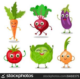 Happy vegetable cartoon characters vector illustrations set. Cute veggies with faces, hands and legs, onion, beet, carrot, cabbage, tomato isolated on white background. Healthy food, garden concept