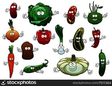 Happy vegetables cartoon characters with fresh potato, carrot, red chilli and bell peppers, onion, cucumber, green pea, cabbage, zucchini, brown beans, kohlrabi, leek and pattypan squash . Happy cartoon fresh vegetables characters