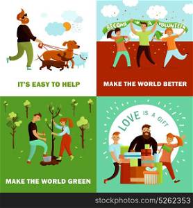 Happy Volunteers Design Concept. Volunteers design concept with four flat cartoon compositions and human characters of young people with text vector illustration