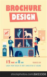 Happy volunteers with badges working in animal shelter, taking care about homeless cats and dogs in cages. Vector illustration for adopting pet, animal care concept