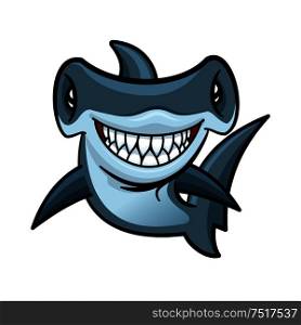 Happy voracious cartoon hammerhead shark with charming smile of lethal sharp teeth. Funny marine animal character for children book or sea club mascot design. Happy cartoon hammerhead shark character