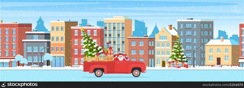 happy≠w year and merry Christmas w∫er town street. Christmas landscape card design of retro car with giftbox and christmas tree on the top. Vector illustration. Christmas card design of car with tree on the top