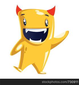 Happy waving yellow cartoon character with small red horns white background vector illustration.