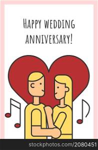Happy wedding anniversary greeting card with color icon element. Marriage compliments. Postcard vector design. Decorative flyer with creative illustration. Notecard with congratulatory message. Happy wedding anniversary greeting card with color icon element