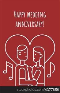 Happy wedding anniversary postcard with linear glyph icon. Greeting card with decorative vector design. Simple style poster with creative lineart illustration. Flyer with holiday wish. Happy wedding anniversary postcard with linear glyph icon