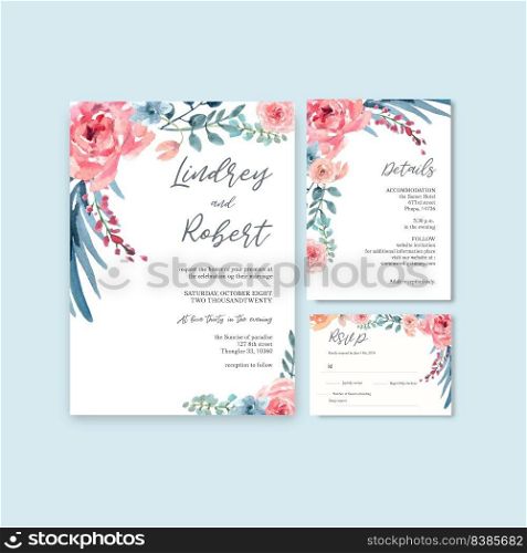 Happy Wedding card floral garden invitation card marriage, rsvp detail. space layout vintage ornament beautiful ,  watercolor vector illustration template collection design