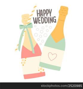 Happy wedding flat vector illustration with champaigne bottle