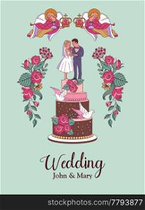 Happy wedding. Vector illustration. Wedding ceremony. Romantic wedding card, wedding invitation. Figures of the bride and groom on the wedding cake.