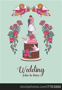 Happy wedding. Vector illustration. Wedding ceremony.  Romantic wedding card, wedding invitation. Figures of the bride and groom on the wedding cake.