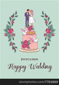 Happy wedding. Vector illustration. Wedding ceremony. Romantic wedding card, wedding invitation. Figures of the bride and groom on the wedding cake.