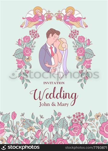 Happy wedding. Vector illustration. Wedding ceremony. The bride and groom. Romantic wedding card, wedding invitation.