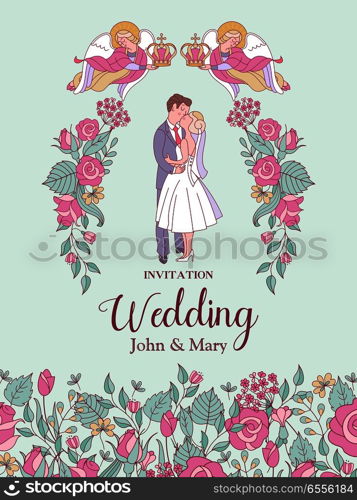 Happy weddings. Wedding card. Wedding invitation. Bride and groom in wedding costumes. Two angels hold wedding crowns over the heads of the bride and groom. Wreaths and roses. Cute vector illustration.