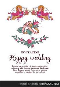 Happy weddings. Wedding invitation, postcard. Two angels are holding the wedding crowns. Gold wedding rings. Wedding in Church. Frame of pink flowers. Vector illustration.