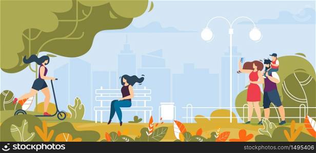 Happy Weekends Outdoors Recreation. Cartoon People Characters Rest. Teenager Girl Riding Scooter. Young Lonely Woman Sitting in Bench. Family with Kid Taking Selfie. Vector Park Flat Illustration. Happy Weekends Outdoors Recreation and People Rest