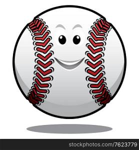 Happy white baseball ball with red stitching and a smiling face bouncing in the air with a shadow below, cartoon illustration isolated on white