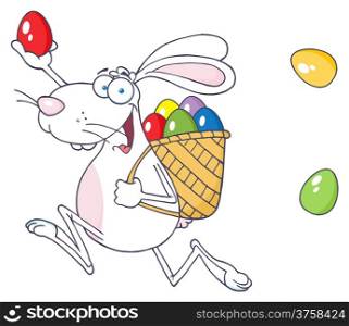 Happy White Easter Rabbit Running With A Basket And Egg