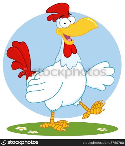 Happy White Rooster Walking And Waving
